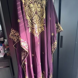 Elegant Purple and Gold Embroidered Women's Kaftan chiffon lined 59 inch long .
